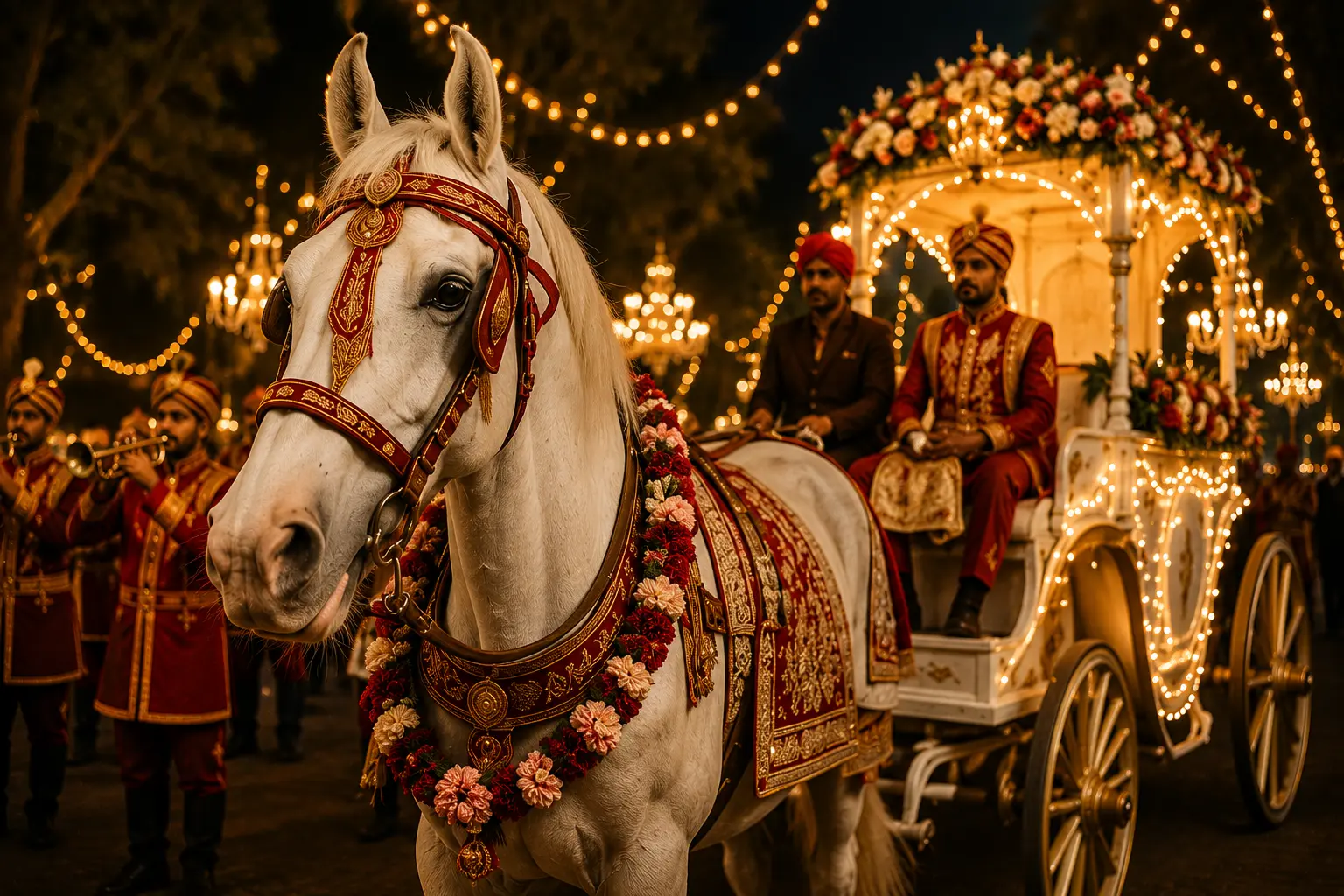 Decorated white ghodi with wedding carriage and groom entry during baraat celebration