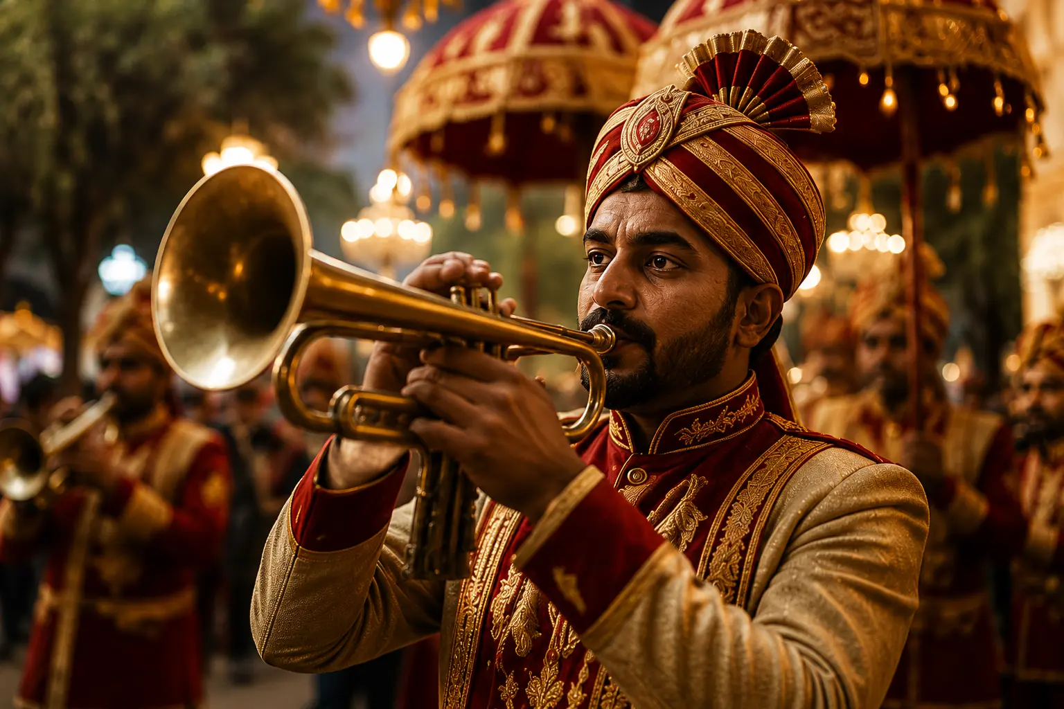 Grand Indian wedding baraat with palace lights elephant entry and live band performance in Delhi NCR
