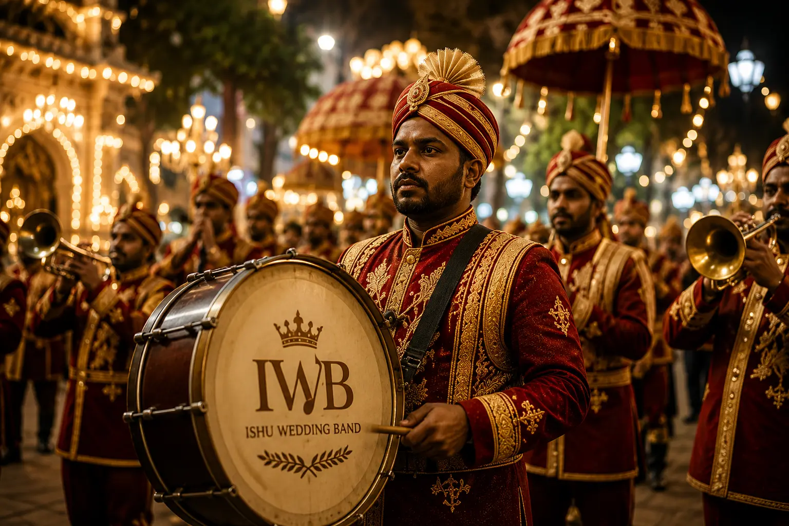 Wedding band drummer in red and gold uniform leading musical procession at night