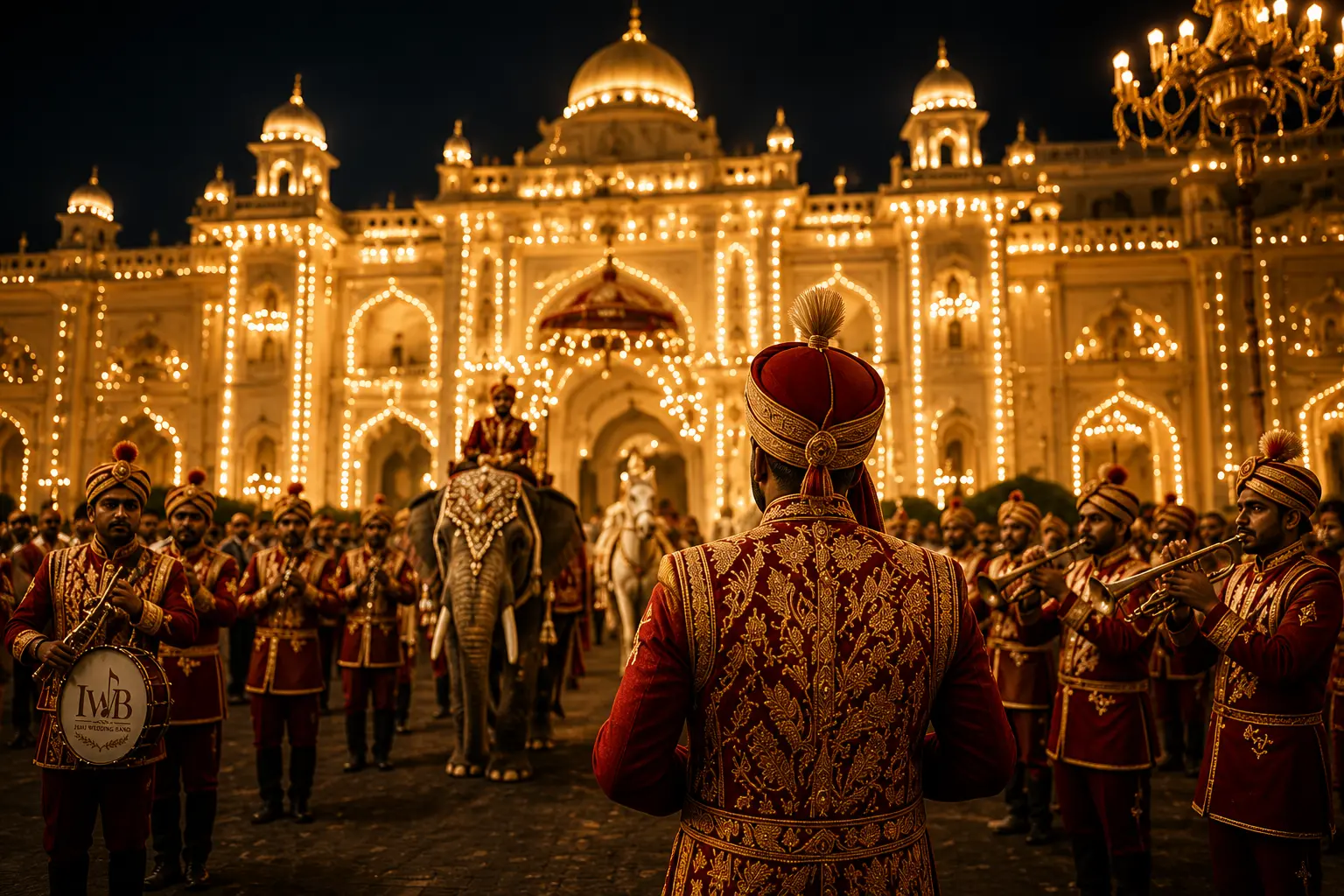 Wedding band musician playing trumpet in royal baraat procession with golden lighting